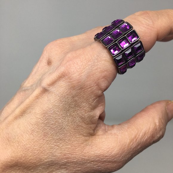 Expandable Purple Faceted Acrylic Tiny Square Pewter Tone Bar Wide Stretch Ring - Picture 15 of 16
